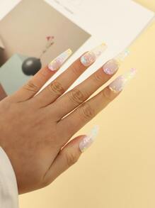 24pcs Long Coffin Floral Pattern Fake Nail & 1sheet Tape & 1pc Nail File - Multicolor - View 1