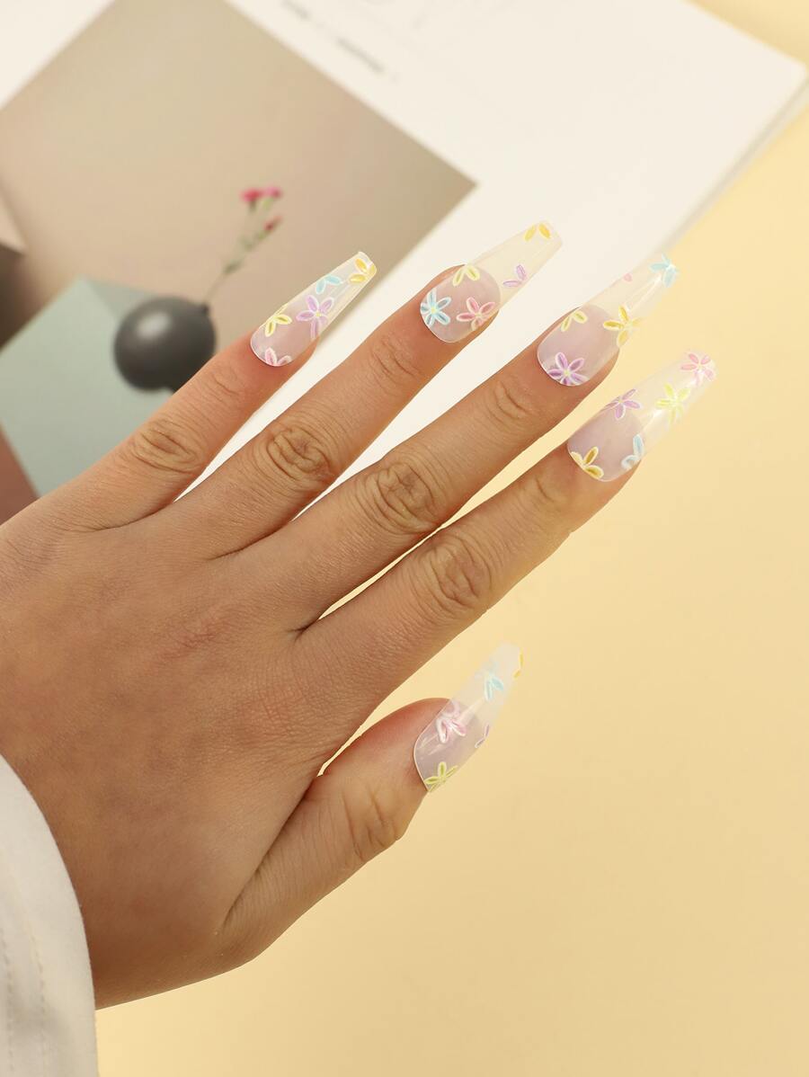 24pcs Long Coffin Floral Pattern Fake Nail & 1sheet Tape & 1pc Nail File - Multicolor - View 1