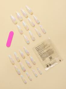 24pcs Long Coffin Floral Pattern Fake Nail & 1sheet Tape & 1pc Nail File - Multicolor - View 2