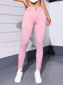 SHEIN EZwear 素色緊身牛仔褲 - 淺粉色 - 查看 3