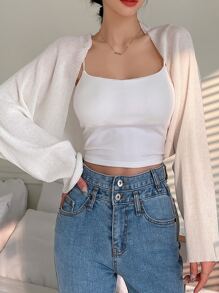 DAZY Solid Batwing Sleeve Crop Cardigan Without Cami Top,Fall Women Clothes - White - View 4