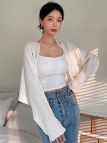 DAZY Solid Batwing Sleeve Crop Cardigan Without Cami Top,Fall Women Clothes - White - View 5
