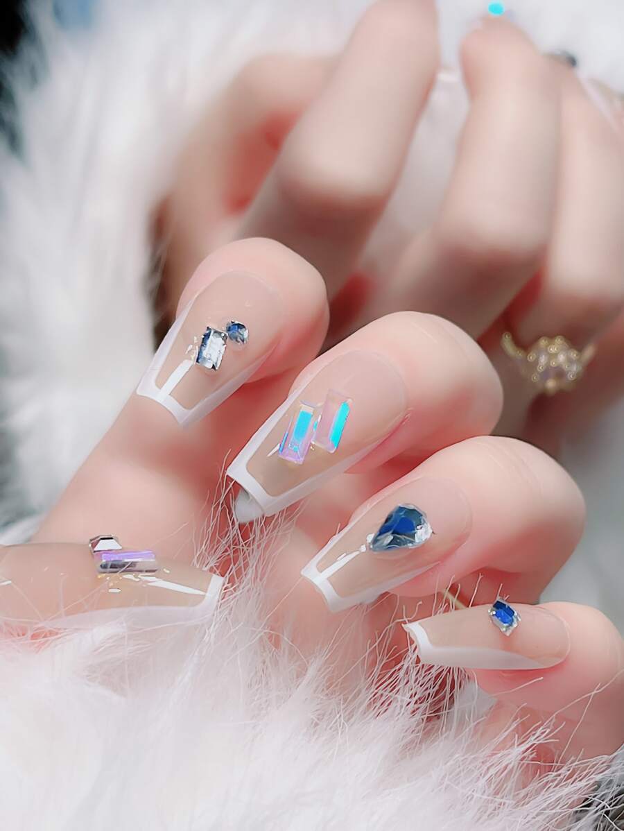 24 chiếc Long Coffin Rhinestone Decor Fake Nail & 1 sheet Tape & 1pc Nail Dũa - Nhiều màu - Xem 1