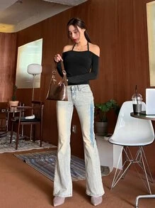 DAZY Áo thun cổ yếm trơn, Quần áo trở lại trường, Áo dài tay cho nữ, Quần áo mùa thu cho nữ - màu đen - Xem 5