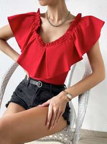 SHEIN WYWH 荷葉邊蝴蝶袖連體衣 - 紅色 - 查看 3