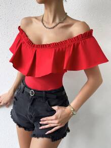 SHEIN WYWH 荷葉邊蝴蝶袖連體衣 - 紅色 - 查看 4