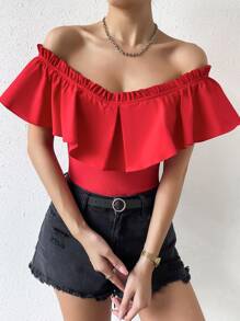 SHEIN WYWH 荷葉邊蝴蝶袖連體衣 - 紅色 - 查看 6