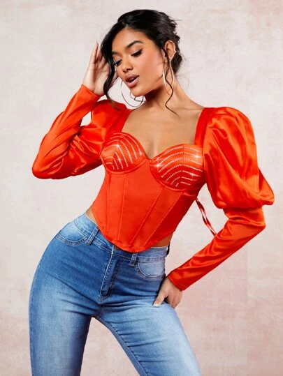 SHEIN BAE Blusa escote corazón de manga gigot bajo asimétrico con diamante de imitación bustier