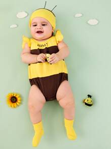 SHEIN Baby Letter Graphic Colorblock Ruffle Trim Bodysuit With Hat  Set - Multicolor - View 3