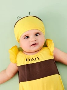 SHEIN Baby Letter Graphic Colorblock Ruffle Trim Bodysuit With Hat  Set - Multicolor - View 6