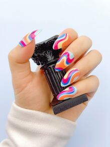 24pcs Short Almond Striped Fake Nail & 1sheet Tape & 1pc Nail File - Multicolor - View 1