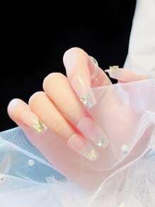 24pcs Long Coffin Butterfly Decor Fake Nail & 1sheet Tape & 1pc Nail File - Coral Pink - View 1