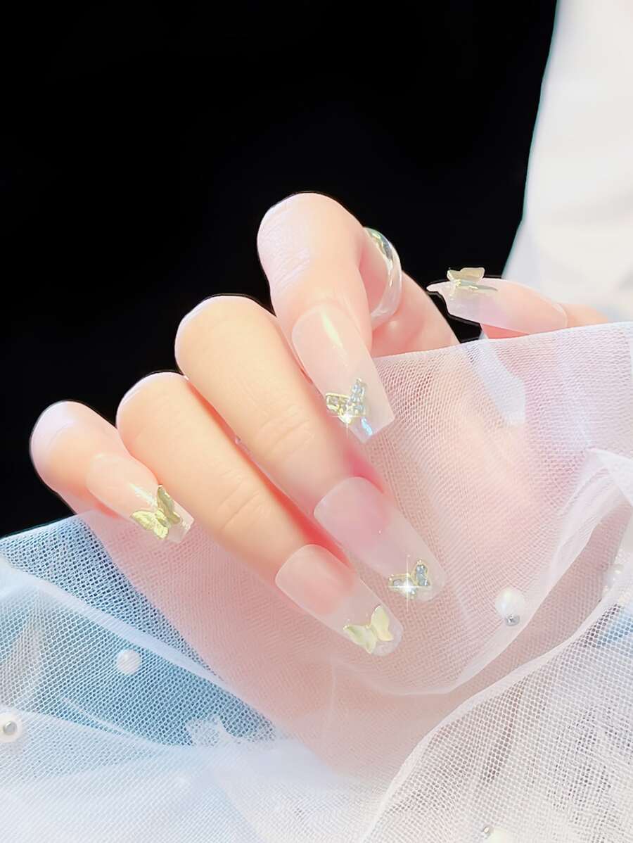 24pcs Long Coffin Butterfly Decor Fake Nail & 1sheet Tape & 1pc Nail File - Coral Pink - View 1