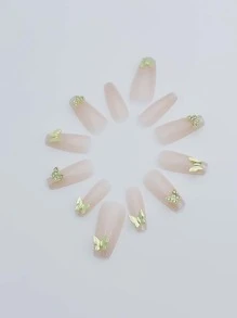 24pcs Long Coffin Butterfly Decor Fake Nail & 1sheet Tape & 1pc Nail File - Coral Pink - View 3