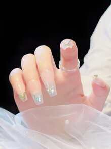 24pcs Long Coffin Butterfly Decor Fake Nail & 1sheet Tape & 1pc Nail File - Coral Pink - View 4