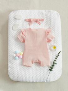 SHEIN Recién nacido Bebé Mono ribete con fruncido con botón delantero con banda cabeza