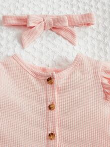 SHEIN Recién nacido Bebé Mono ribete con fruncido con botón delantero con banda cabeza