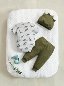 SHEIN Newborn Baby Dinosaur Print Bodysuit & Pants & Hat - Multicolor - View 2