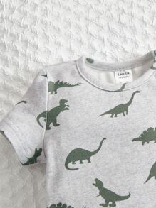 SHEIN Newborn Baby Dinosaur Print Bodysuit & Pants & Hat - Multicolor - View 3
