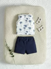 SHEIN Bé trai sơ sinh In cây dừa Đã vá Túi Áo ba lỗ & Quần short - Xanh và trắng - Xem 2