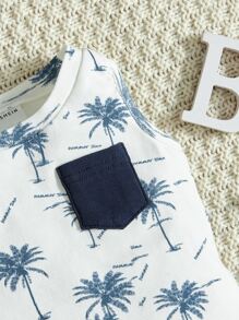 SHEIN Bé trai sơ sinh In cây dừa Đã vá Túi Áo ba lỗ & Quần short - Xanh và trắng - Xem 3