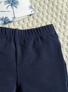 SHEIN Bé trai sơ sinh In cây dừa Đã vá Túi Áo ba lỗ & Quần short - Xanh và trắng - Xem 4