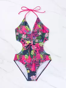 Swim Lushoire 夏季海滩花卉印花前系带连体泳衣女士泳装 - 彩色 - 查看 5