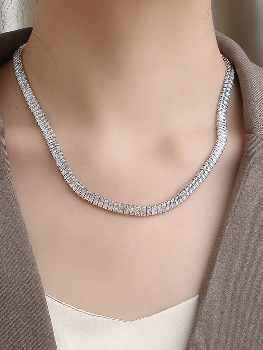 方晶鋯石裝飾項鍊 - 銀色 - 查看 1