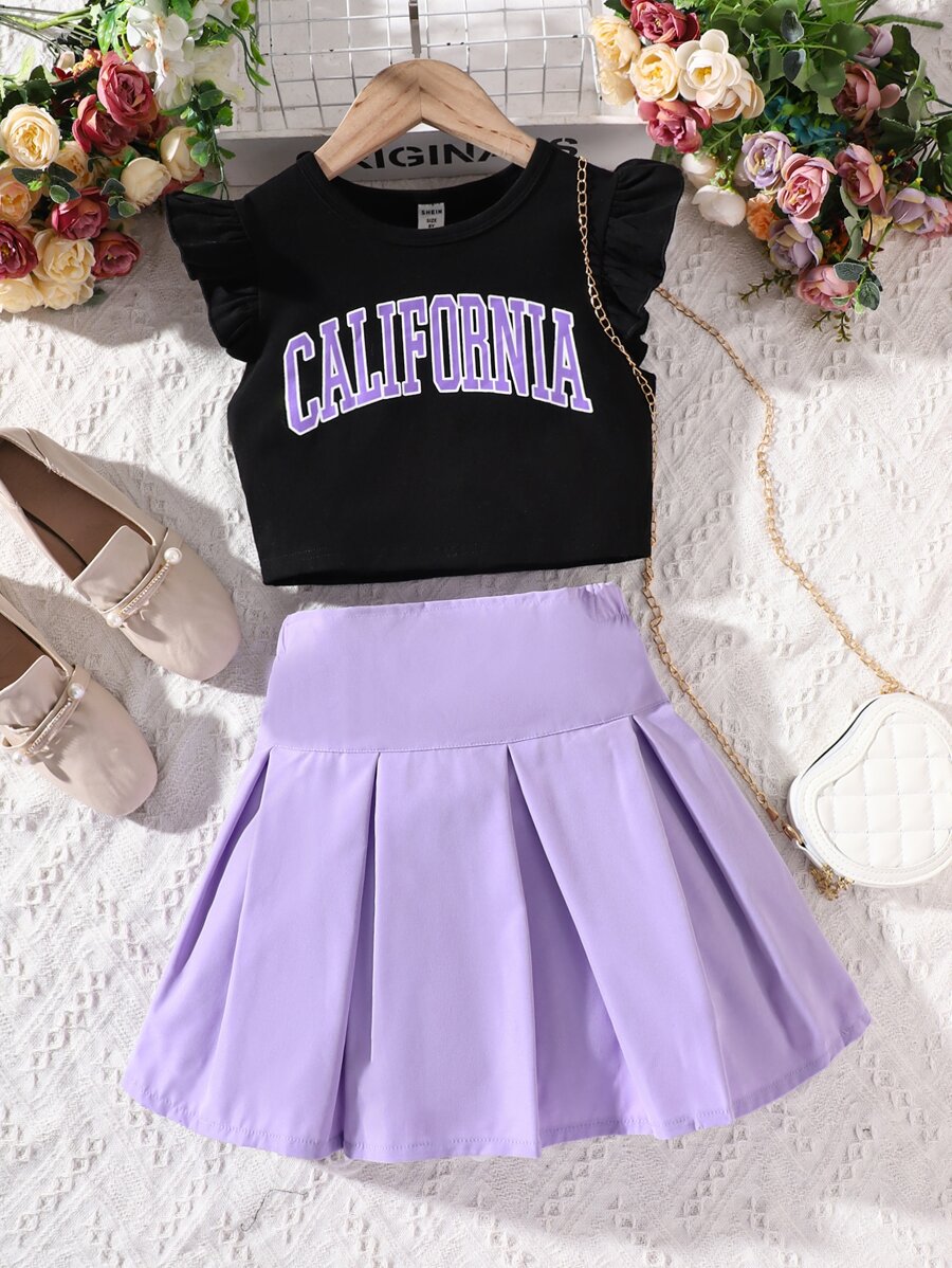 Girls Letter Graphic Ruffle Trim Tee & Pleated Skirt - Multicolor - View 1