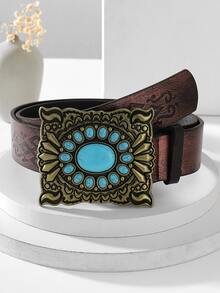 Turquoise Decor Buckle Belt - Rust Brown - View 2