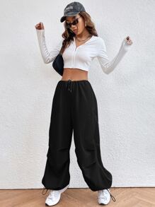 SHEIN EZwear Drawstring Waist Parachute Pants - Black - View 4