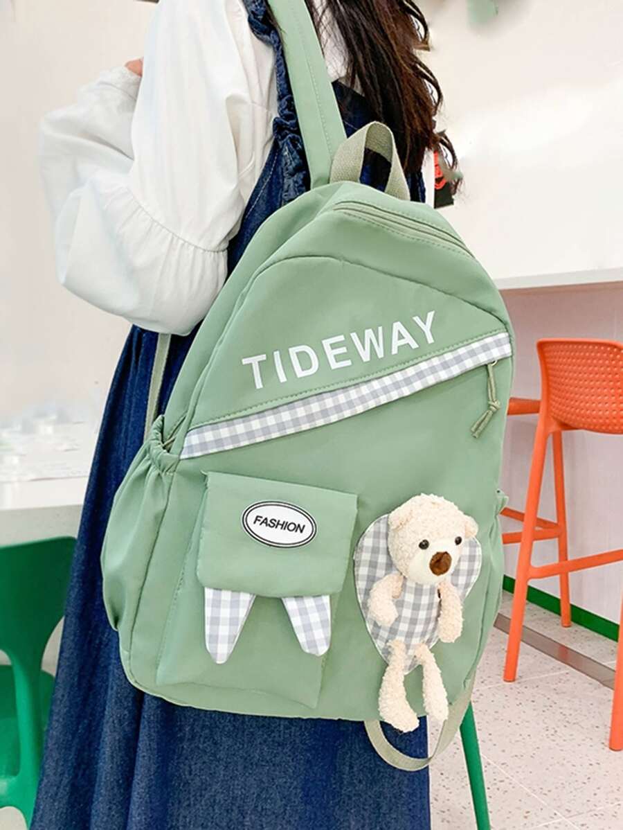 Cartoon Bear Decor Letter Graphic Functional Backpack - Green - View 1