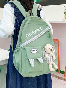 Cartoon Bear Decor Letter Graphic Functional Backpack - Green - View 3