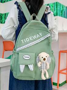 Cartoon Bear Decor Letter Graphic Functional Backpack - Green - View 5