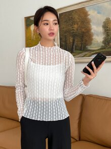 DAZY 小高領蕾絲上衣不附吊帶上衣 - 白色 - 查看 8