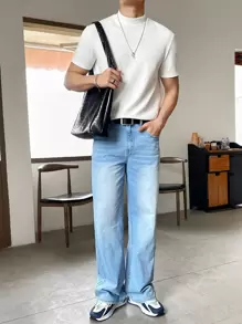 SWAVVY 男士高领纯色都市短袖T恤，时尚，男友礼物，夏季，情侣装