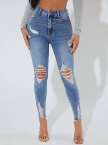SHEIN PETITE Jeans ajustados desgarro bajo crudo - Lavado ligero - Ver 1