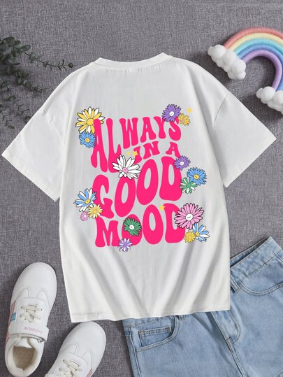 SHEIN 青少年女孩花和標語圖案落肩T恤