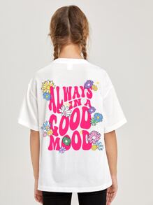 SHEIN 青少年女孩花和標語圖案落肩T恤 - 白色 - 查看 2