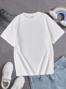 SHEIN 青少年女孩花和標語圖案落肩T恤 - 白色 - 查看 3