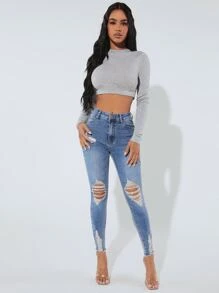 SHEIN PETITE Jeans ajustados desgarro bajo crudo - Lavado ligero - Ver 3