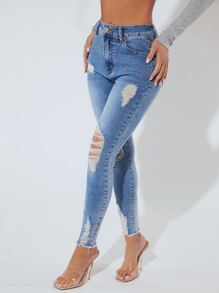 SHEIN PETITE Jeans ajustados desgarro bajo crudo - Lavado ligero - Ver 4