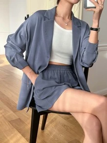 DAZY Lapel Neck Drop Shoulder Blazer & Shorts - Dusty Blue - View 1