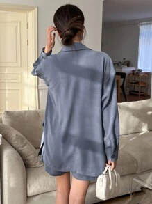 DAZY Lapel Neck Drop Shoulder Blazer & Shorts - Dusty Blue - View 2