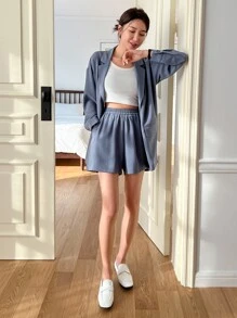 DAZY Lapel Neck Drop Shoulder Blazer & Shorts - Dusty Blue - View 8