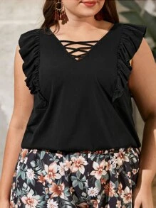 SHEIN LUNE 大碼前交叉荷葉邊背心上衣 - 黑色 - 查看 2