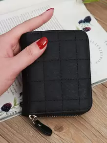 女士迷你刺绣皮革手拿包 拉链网格图案 短款卡包 学校用品 教师礼物 返校女士钱包 钱包 钱夹 小钱包