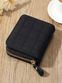 女士迷你刺绣皮革手拿包 拉链网格图案 短款卡包 学校用品 教师礼物 返校女士钱包 钱包 钱夹 小钱包