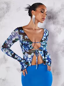 SHEIN BAE Floral Print Tie Front Mesh Top - Blue - View 4