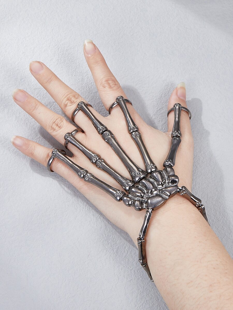 Pulsera con dedo con diseño de mano de esqueleto - Plata antigua - Ver 1